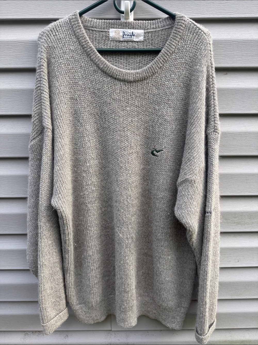 100% Alpaca | Pringle Gray Knit Crewneck Sweater with Green Logo Large